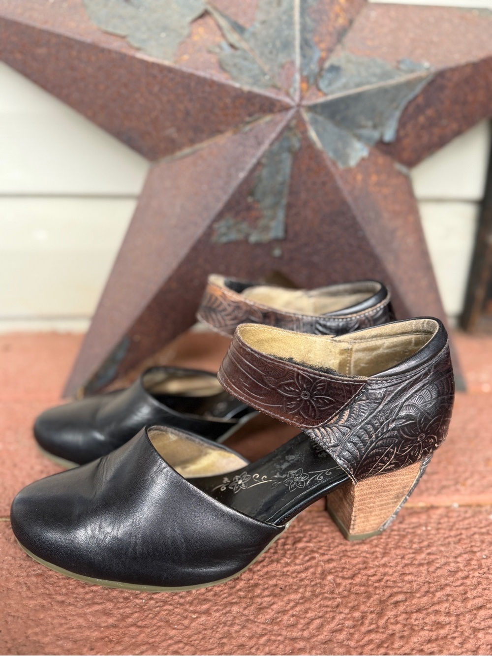 Women's Black Leather Mary Jane Heel with Embossed Brown Ankle Strap
